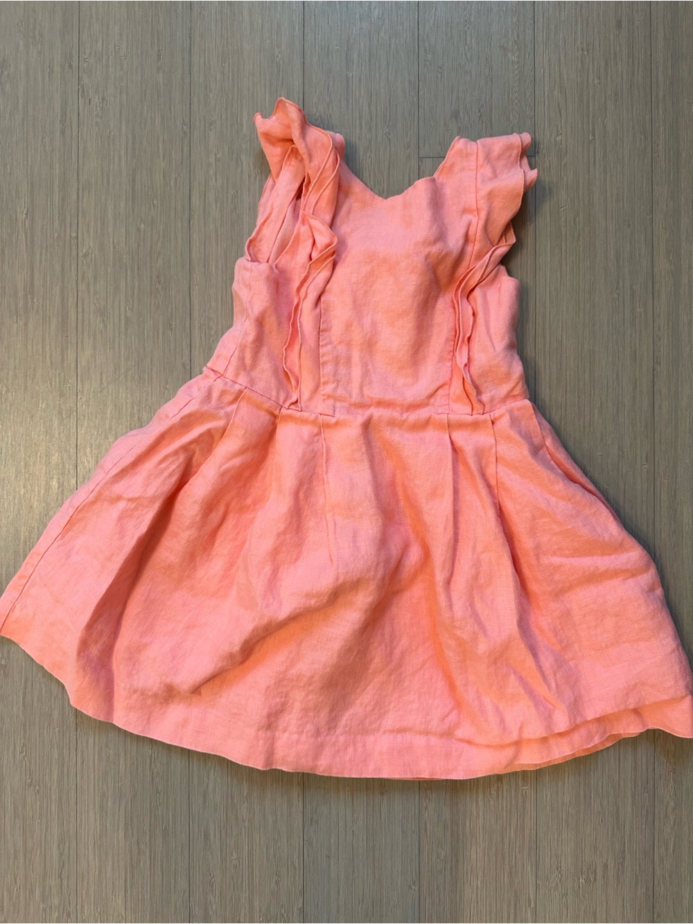 Jacadi Paris Linen Pink Coral Peach Ruffle-Shoulder Dress
